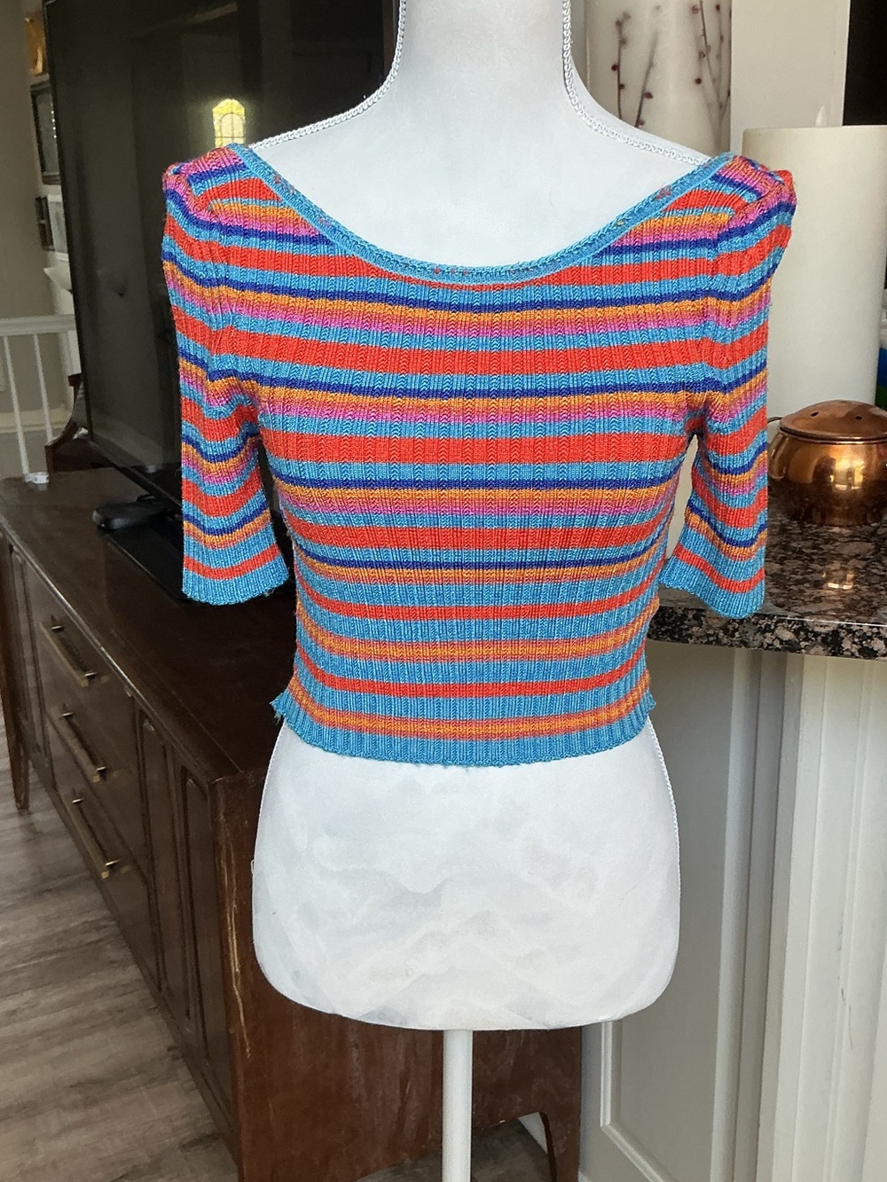 Free People Striped Ribbed Scoop-Neck Crop Top - Blue, Coral, Pink